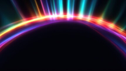 Vivid, colorful, arched light rays burst forth above a dark, void-like space, creating a halo effect