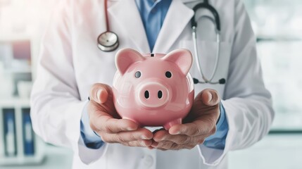 Doctor hands holding a pink piggy bank, symbolizing healthcare savings, medical costs, and health insurance