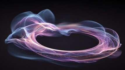 Circular, ethereal shape with translucent, smoky texture in pastel colors, suspended on black