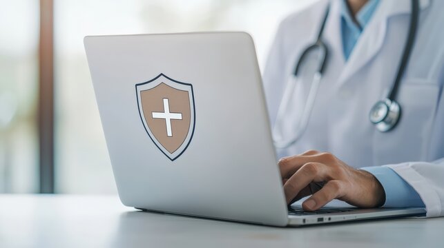 Doctor typing on laptop displaying shield and cross icon, representing healthcare technology and digital medical protection