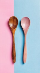 A pair of wooden spoons, one with a natural finish and the other painted pink, are placed side by side on a split background of pastel pink and blue colors