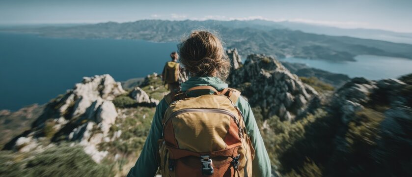 Authentic Millennial Couple Hiking Mountain Trail Overlooking Calanques de Piana Coastal Cliffs Premium Travel Adventure Content for Social Media Marketing - Powered by Adobe