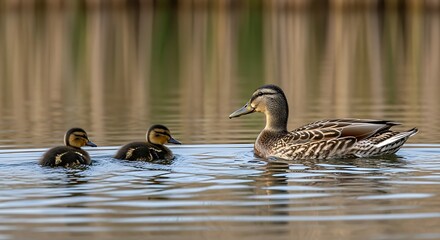Obraz premium Mother Duck and Her Ducklings Swimming Together in a Calm Lake in Spring