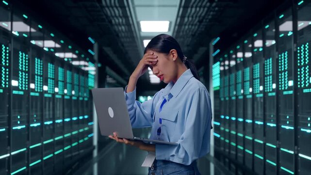 Side View Of Asian Female Professional Worker Use Laptop In Server Room Data Center,  She Is Nodding Her Shead With Dissapionted