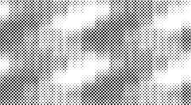 This abstract black and white halftone pattern features dense areas of black dots on a white background, creating a visually textured and dynamically layered effect