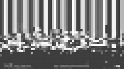 Fototapeta premium Monochromatic pixelated backdrop features alternating grayscale vertical stripes against a textured pixelated foreground, creating an abstract digital mosaic with varying shades of gray