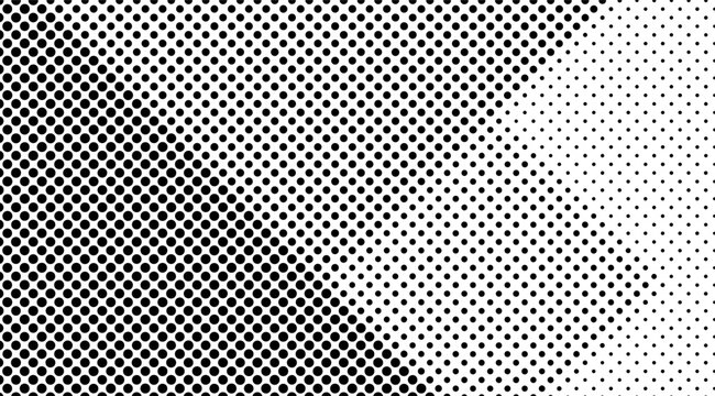 This black and white halftone pattern background features a gradient of circular dots that transition from dense and dark to sparse and light, creating a textured effect