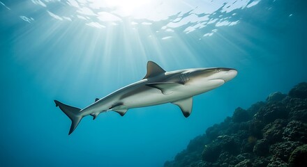 Fototapeta premium Graceful Gray Reef Shark Swims Near Coral Reef Under Sunlit Ocean Surface