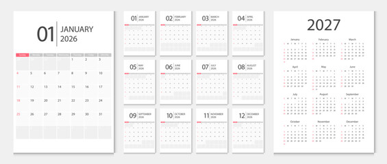 Calendar 2026, calendar 2027 week start Sunday corporate design template vector.