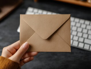 Close-up of a hand holding a brown envelope over a keyboard and desk