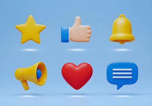 3d social media icons. Digital marketing symbols. Like button, speech bubble, notification bell, megaphone icon