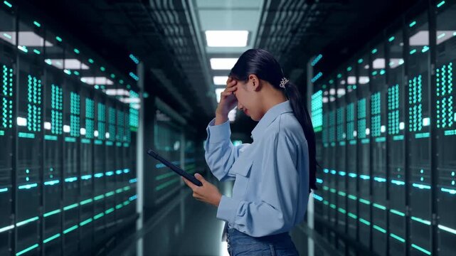 Side View Of Asian Female With Her Tablet In Server Room Data Center, Checking With Dissapionted And Nodding Her Shead 