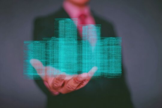 Professional businessman presenting digital data privacy solutions for secure encryption and identity management in modern corporate marketing campaigns