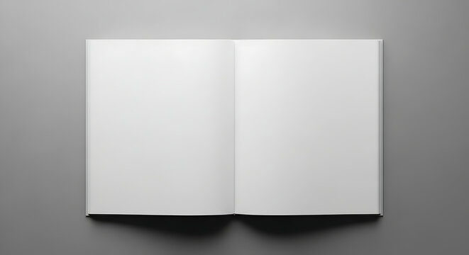 Open blank book with white pages on a gray background