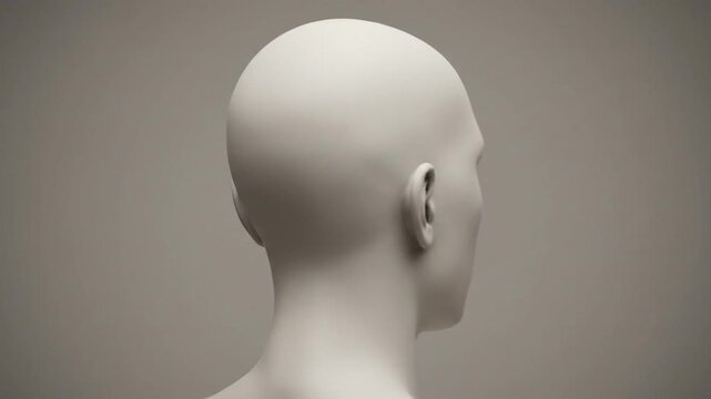 A rear view of a smooth bald white mannequin head and neck