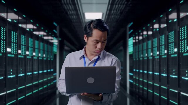 Asian Male Professional Worker Standing With His Laptop in Server Room Data Center, He Is Nodding His Head With Dissapionted