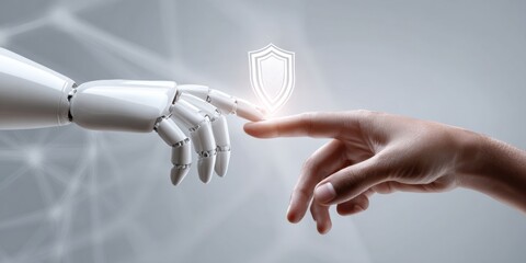 Modern Digital Transformation with Human and Robotic Hands Connecting Premium AI Insurance Technology Content for Corporate Marketing Campaigns