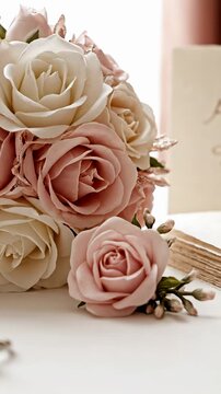 Beautiful sparkling diamond engagement ring resting on a white surface next to a delicate pink and white rose bouquet and a calligraphed wedding invitation. Representing love. Romance and commitment