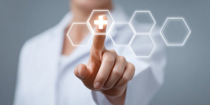 Professional Modern Healthcare VR Therapy Interface with Floating Medical Icons for Digital Transformation and Connectivity in Corporate Marketing Content