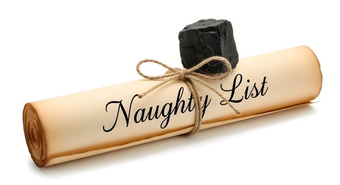 Naughty List Christmas scroll with lump of coal, vintage paper parchment roll with twine bow, holiday coal gift for bad behavior isolated PNG with Transparent Background