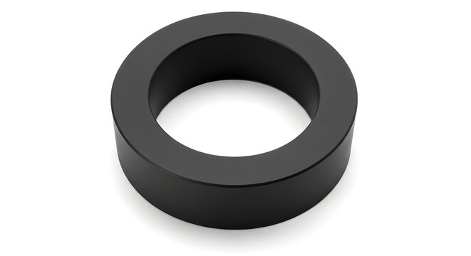 Industrial black ferrite ring magnet, permanent ceramic toroid core for electronics, magnetic circular component isolated on white background
