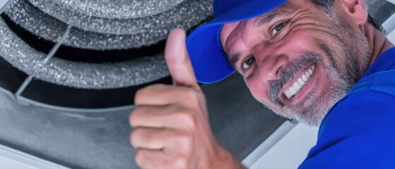 Professional HVAC Technician Giving Thumbs Up in Modern Home Setting Premium Residential Heating and Cooling Service for Confident Homeowners Marketing