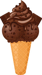Vector Illustration Delicious Chocolate Ice Cream Cone with Chocolate Chunks