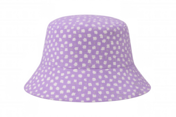 Purple bucket hat featuring a ditsy floral print design, modern accessory for spring fashion and summer vacations, transparent background