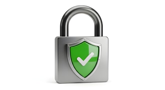 Silver metallic padlock with green shield and white checkmark icon, security and protection concept isolated PNG with Transparent Background