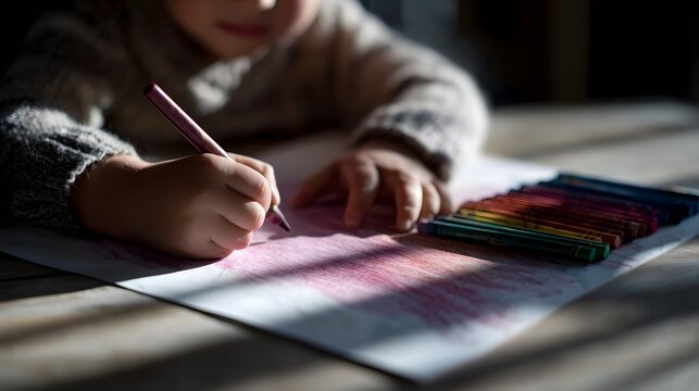 Close up of a child s hands drawing with a crayon on paper with colorful crayons beside them in soft natural light