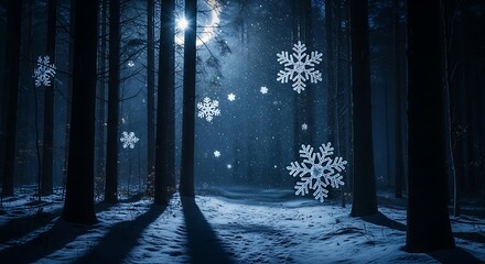 Magical Winter Forest at Night with Glowing Snowflakes and Moonlit Path