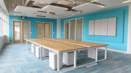 Modern Hybrid Work Conference Room with Desk Booking System and Acoustic Panels Premium Professional Space for Remote Collaboration and Team Meetings