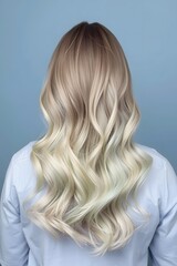 Naklejka premium Soft studio portrait showing the back view of long blonde hair with smooth gradient color transitioning into cool light ends, styled in defined flowing wave patterns for modern beauty and professional