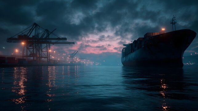 A large cargo ship is docked in a busy industrial port at dusk with cranes and harbor lights reflecting on the water