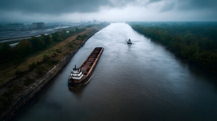 A heavily laden cargo barge pushed by a tugboat navigates a wide industrial river channel beneath a moody overcast sky