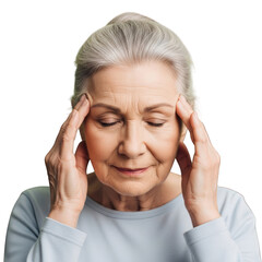 Senior woman experiencing headache with hands on temples closeup