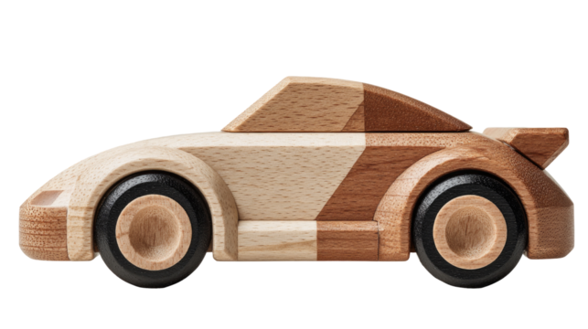 Wooden toy car, light and dark beige, side view