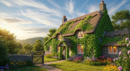 Thatched cottage ivy covered house garden flowers idyllic countryside home sweet home summer day beautiful
