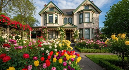House garden flowers roses tulips blooming architecture home exterior landscape residential property estate