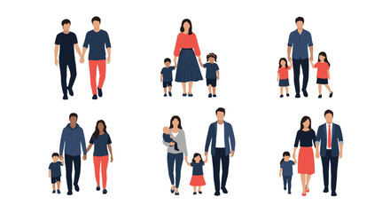 Illustrations of diverse family units walking together holding hands.