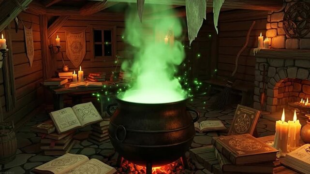 A witch's cauldron bubbles with a glowing green potion in a rustic, candlelit alchemist's workshop.