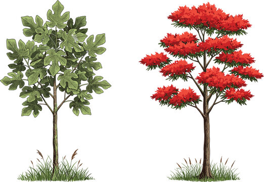Green fig-leaf tree beside red foliage tree, seasonal contrast, vibrant nature scene, botanical diversity, outdoor garden landscape, plant comparison