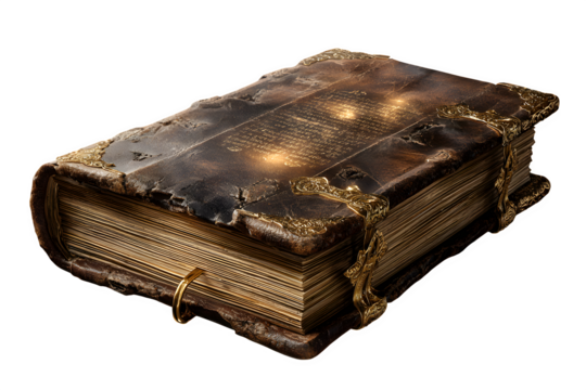Ancient, weathered tome with golden ornate clasps and glowing mystical script illuminated by ethereal light, evoking mystery and hidden knowledge.. Perfect for Halloween Designs