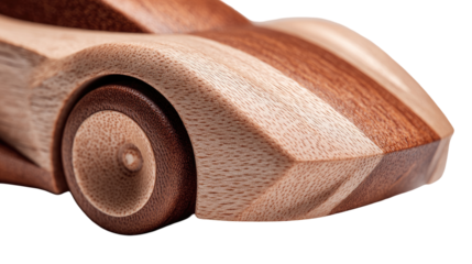 Detailed wooden race car model, light and dark wood stripes