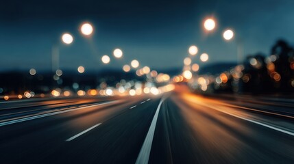 Naklejka premium Blurred highway road background, smooth asphalt lanes, glowing streetlights at night, soft motion blur effect, minimal futuristic style, wide copy space for headline text, perfect for transport.