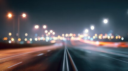 Blurred highway road background, smooth asphalt lanes, glowing streetlights at night, soft motion blur effect, minimal futuristic style, wide copy space for headline text, perfect for transport.
