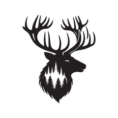 Elk with forest in silhouette within antlers vector silhouette sketch art logo illustration