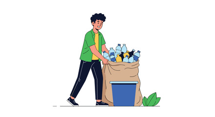 A man collecting plastic bottles into a large sack for recycling.