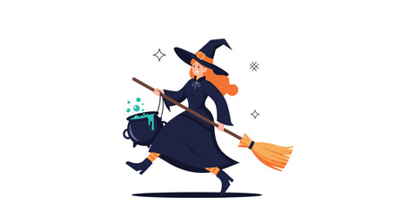 Obraz premium A witch in a black hat flies on a broomstick with a cauldron.