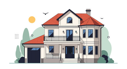 A modern house with a red roof and large windows.